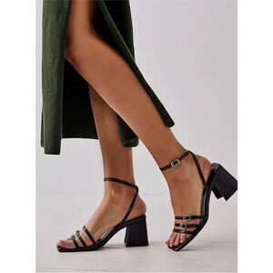 New Free People Niki Black Strappy Block Heel Square Toe Sandals 9 Leather